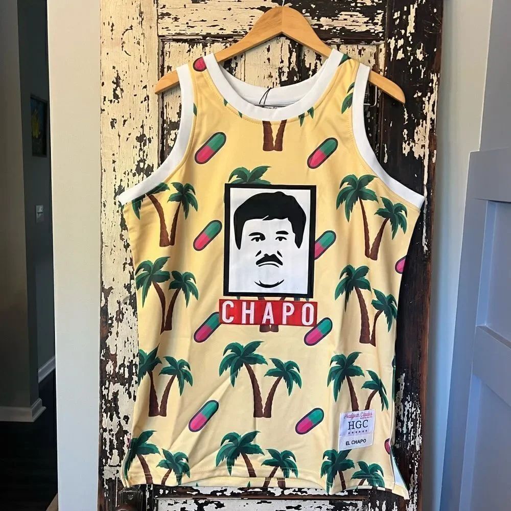 NEW w/ TAGS Headgear Classics EL CHAPO Sewn Basketball Jersey Palm Trees Pills L
